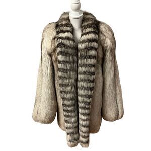 Blue Fox Fur Stroller Jacket Coat Size M/L Tuxedo Collar Genuine Fur Womens